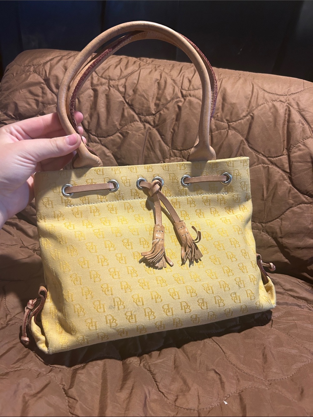 Dooney & Bourke Yellow Tote with Tan Tassel Drawstrings